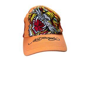 Vintage Ed Hardy Trucker Cap Orange Tiger Embroidery Mesh Back Snapback